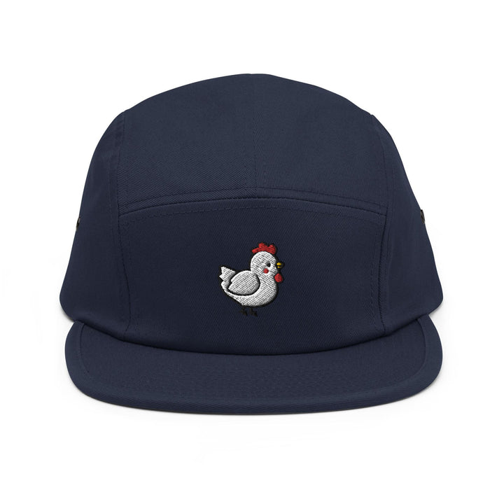 a blue hat with a chicken embroidered on it