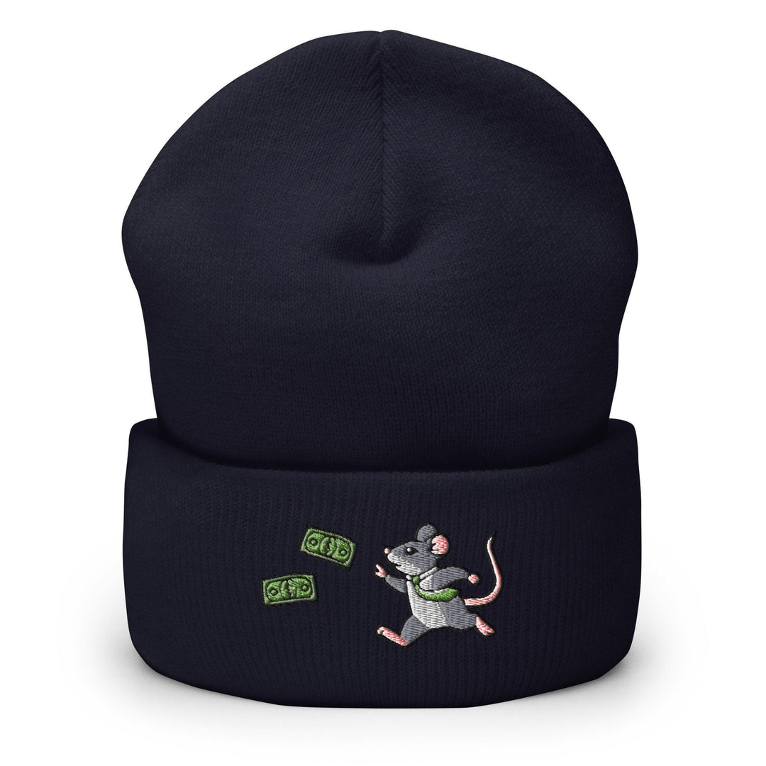a black beanie with a cartoon mouse on it