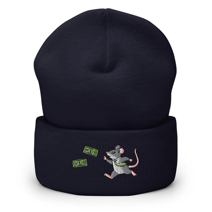a black beanie with a cartoon mouse on it