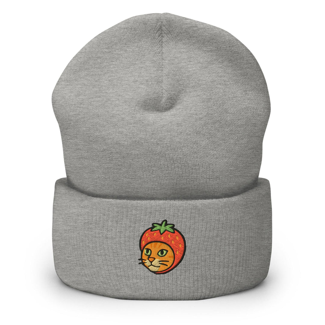 a grey beanie with an orange cat on it