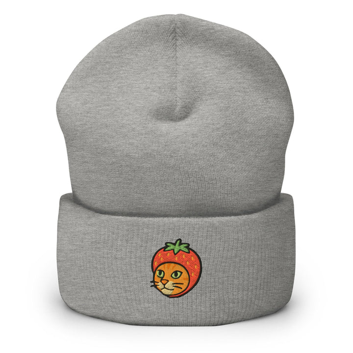 a grey beanie with an orange cat on it