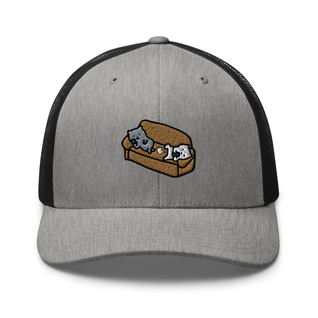 a gray and black trucker hat with two cats on it
