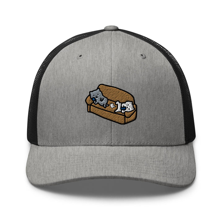 a gray and black trucker hat with two cats on it