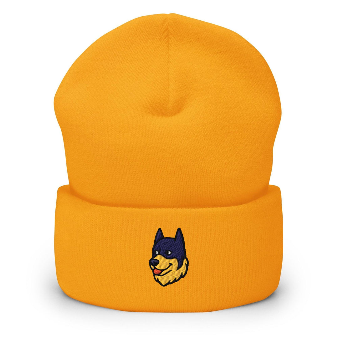 a yellow hat with a dog&#39;s head on it