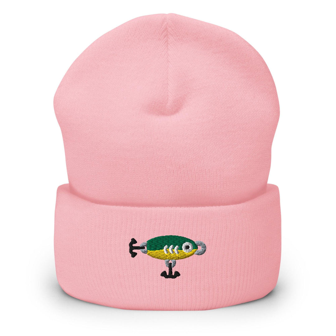 a pink beanie with a fish on it
