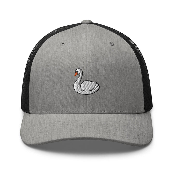a gray and black hat with a white swan embroidered on it