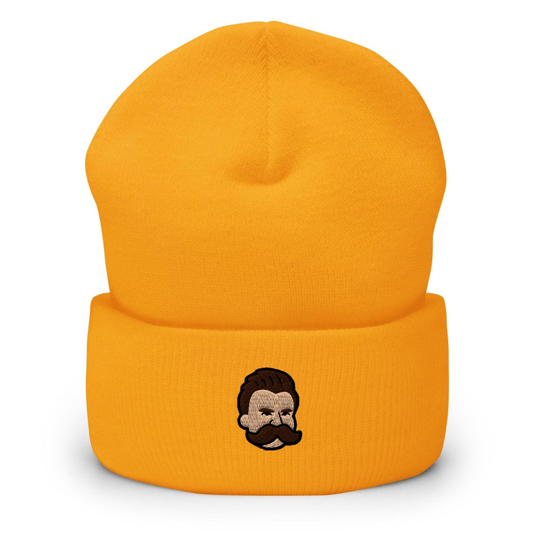 a yellow beanie with a picture of a man with a beard