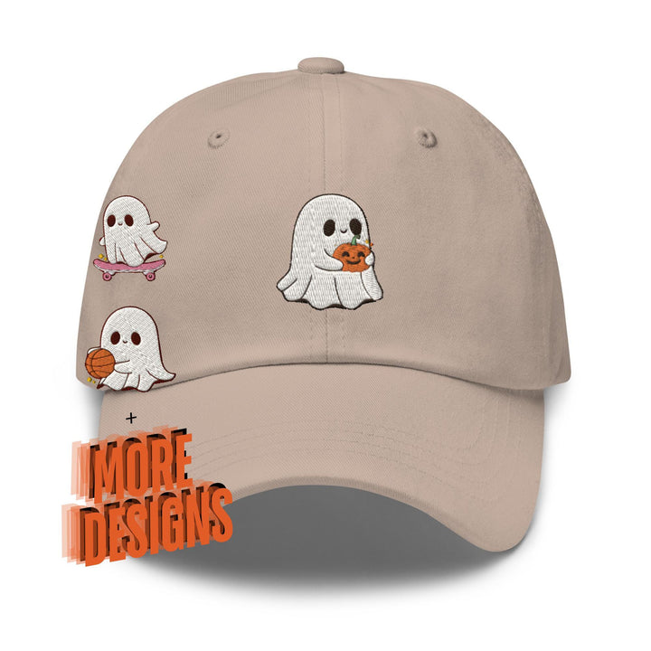 a baseball cap with ghost stickers on it