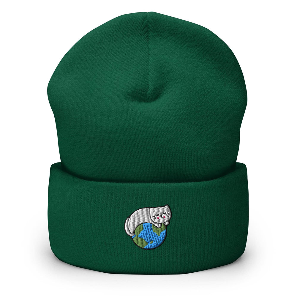 a green beanie with a cat on it