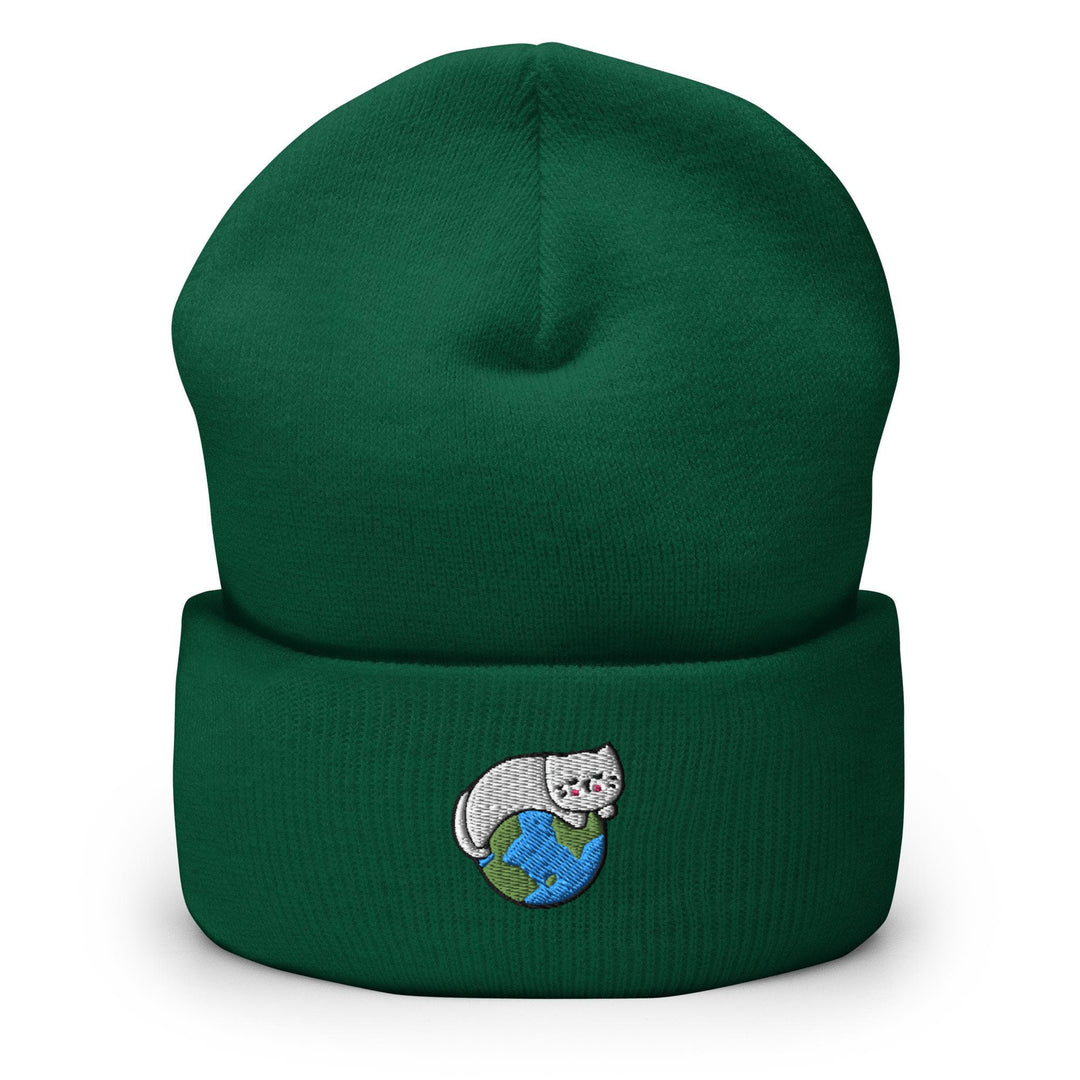 a green beanie with a cat on it
