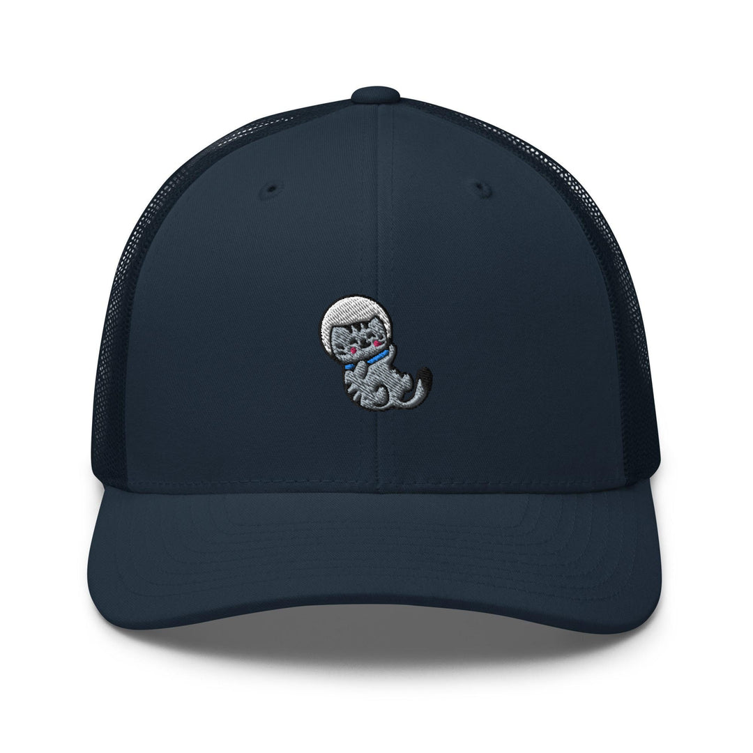 a blue trucker hat with a cartoon cat on it