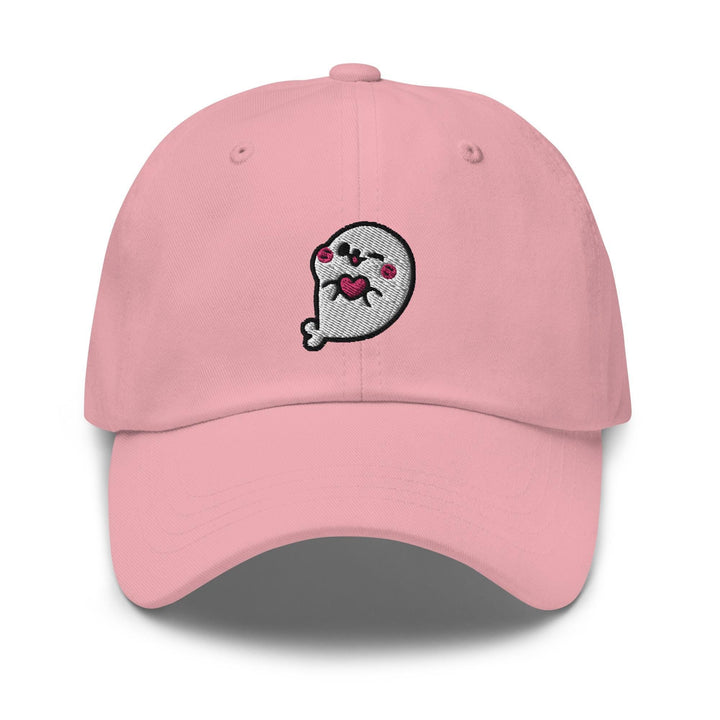a pink hat with a cartoon character on it