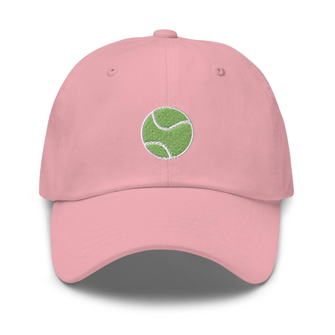 a pink hat with a tennis ball embroidered on it