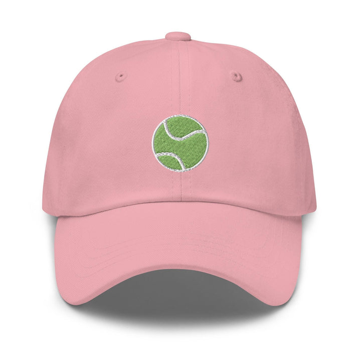 a pink hat with a tennis ball embroidered on it