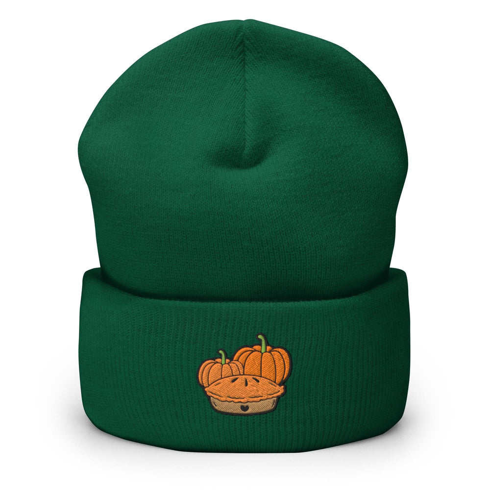 a green beanie with a picture of a pumpkin in a basket