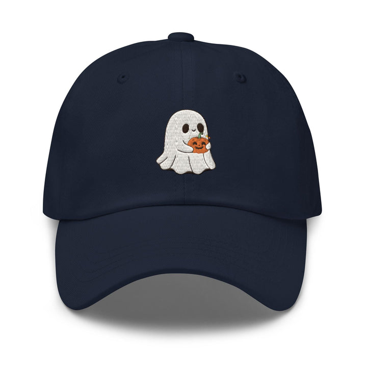 a baseball cap with a ghost holding a pumpkin