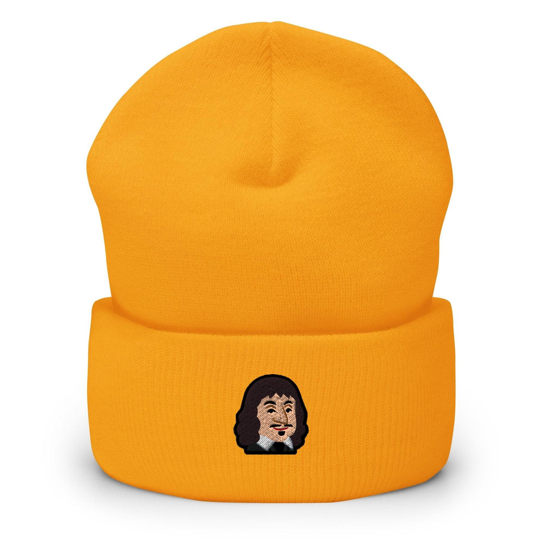 a yellow beanie with a picture of a woman&#39;s face on it