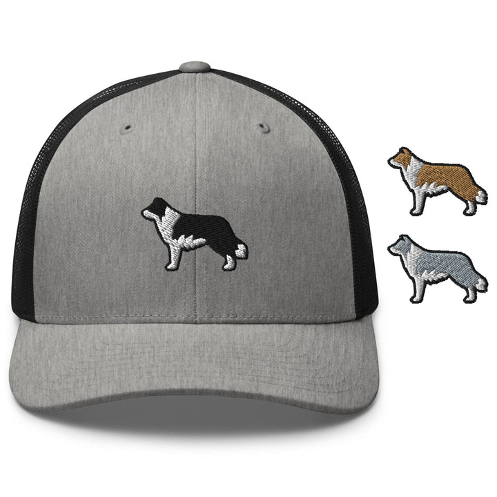 a gray and black hat with a brown and white dog on it