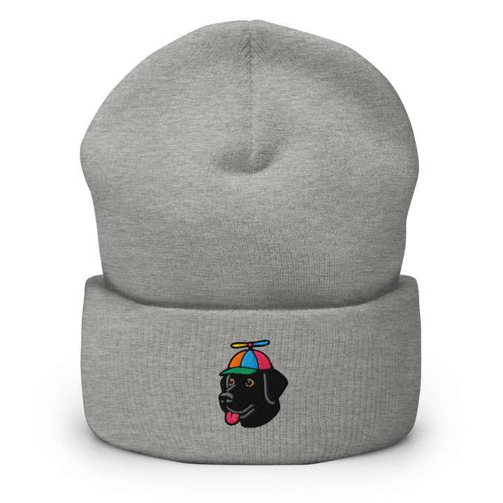 a grey beanie with a black dog wearing a colorful hat