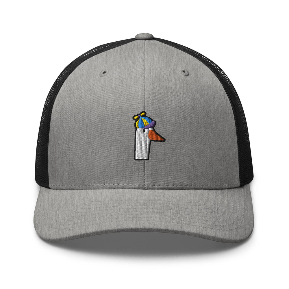 a gray and black hat with a bird on it