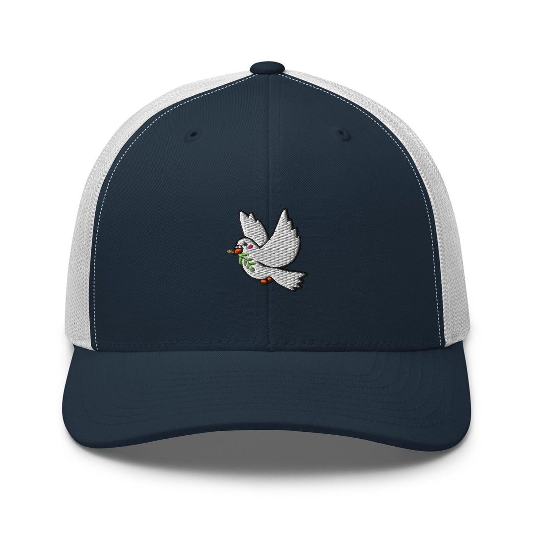a blue and white trucker hat with a bird embroidered on the front