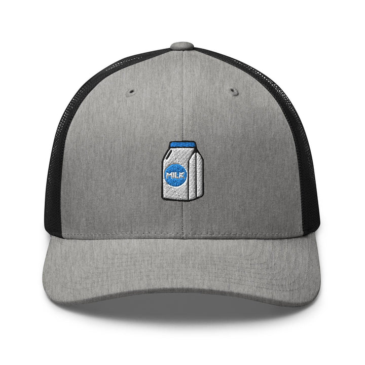 a gray and black trucker hat with an image of a can of milk