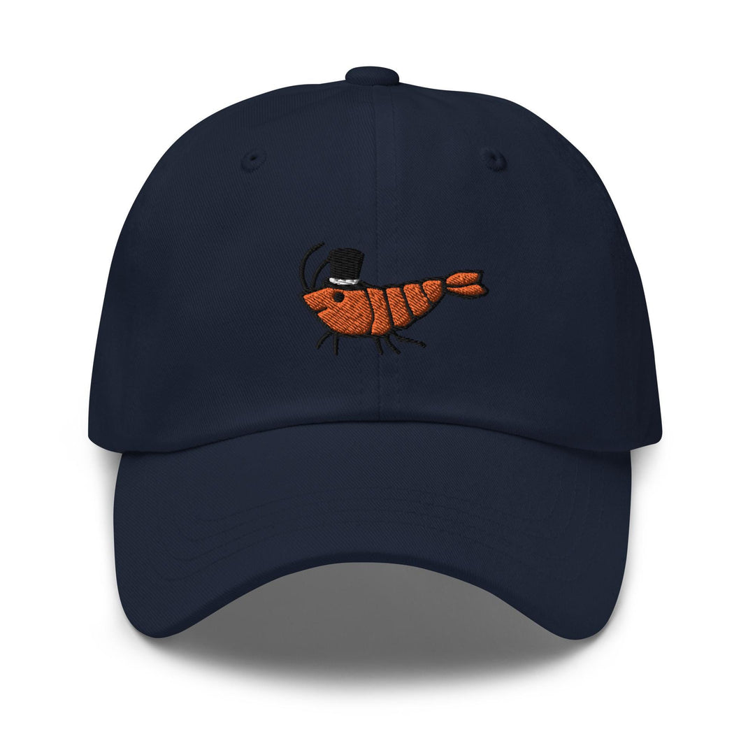a baseball cap with a picture of a shrimp on it