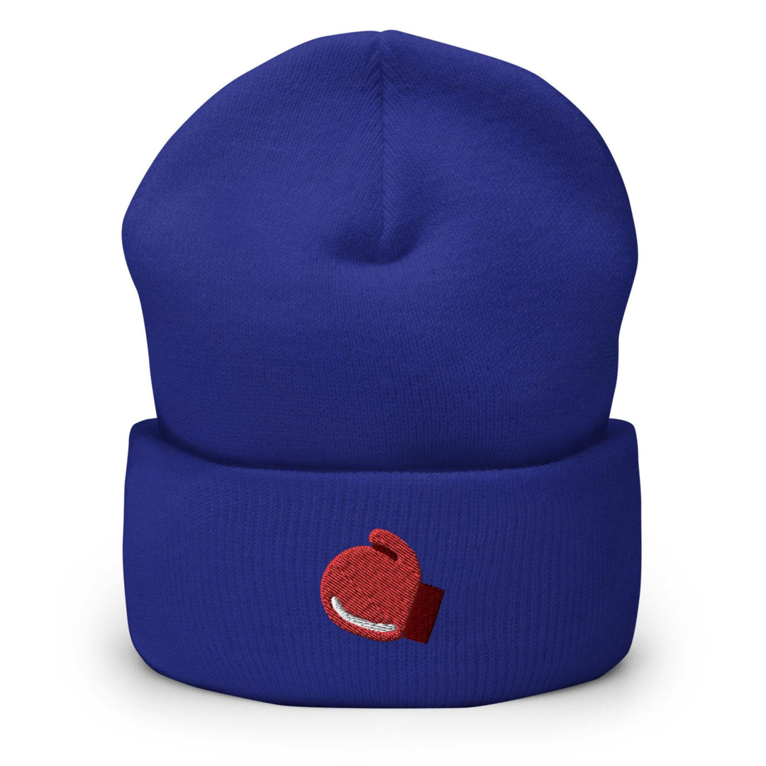 a blue beanie with a red heart on it
