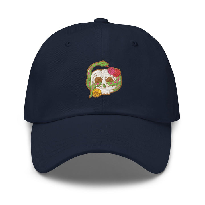 a baseball cap with a skull and flowers on it