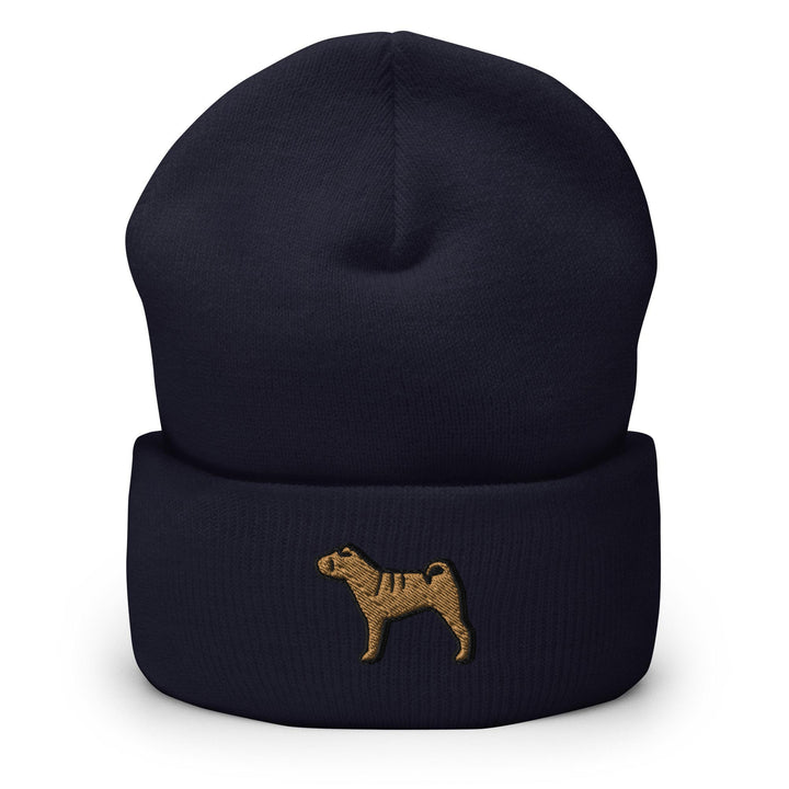 a black beanie with a brown dog on it
