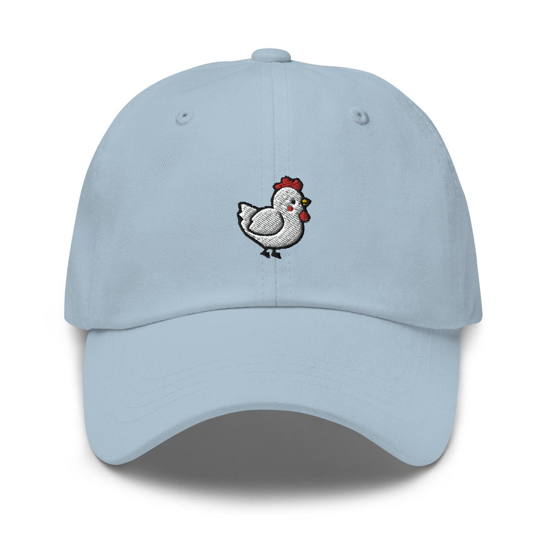 a light blue hat with a chicken embroidered on the front