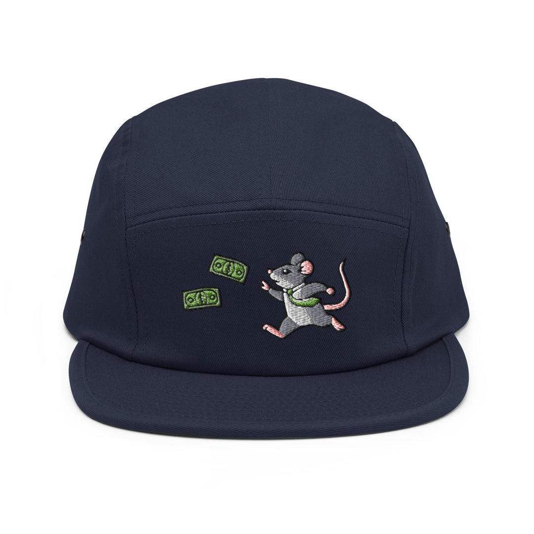 a blue hat with a cartoon mouse on it