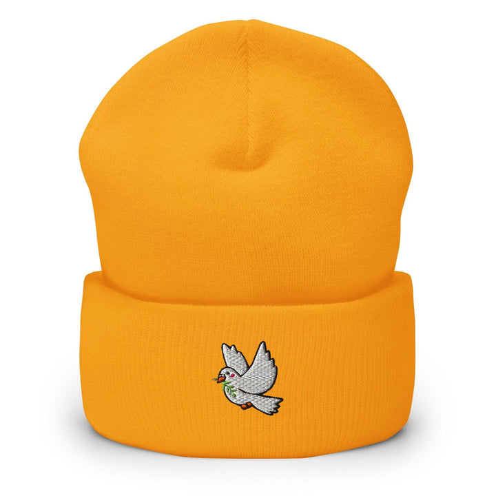 a yellow hat with a bird embroidered on it