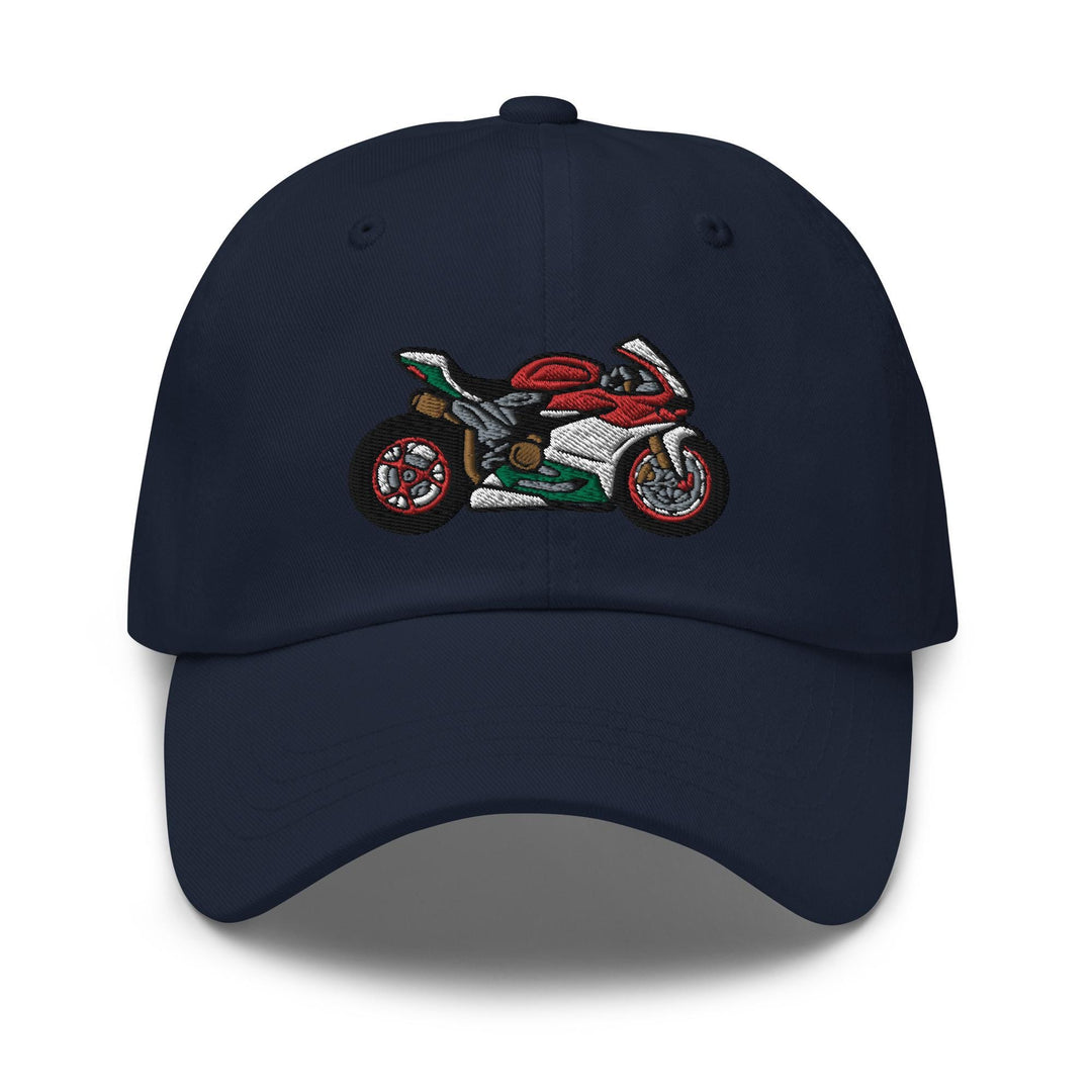 a baseball cap with a picture of a motorcycle on it