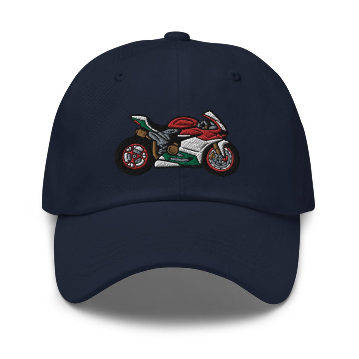 a baseball cap with a picture of a motorcycle on it
