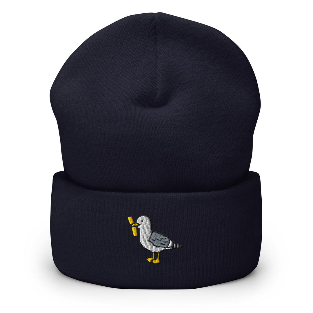 a blue beanie with a bird embroidered on it