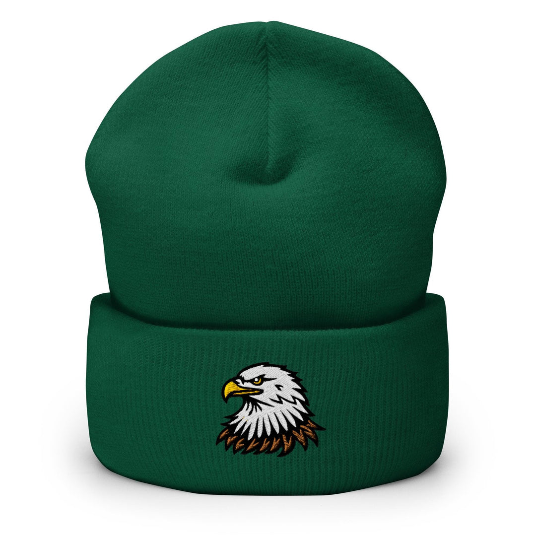 a green beanie with an eagle on it