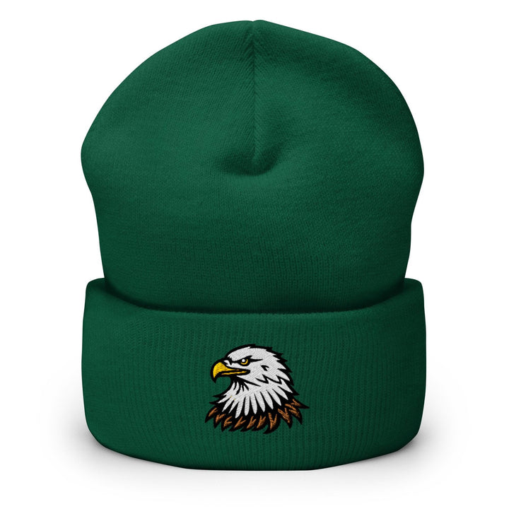 a green beanie with an eagle on it
