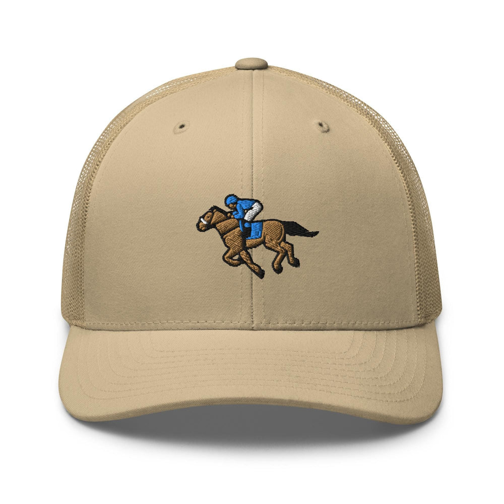 a tan hat with a horse and jockey on it