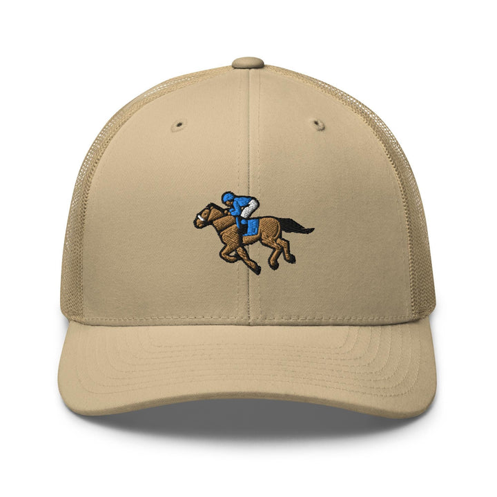 a tan hat with a horse and jockey on it