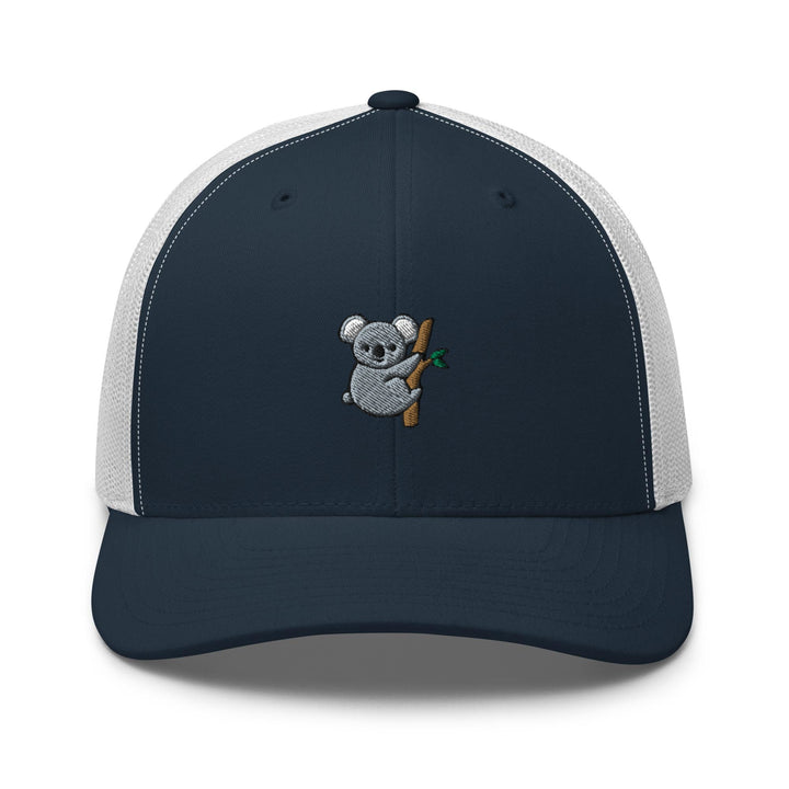 a blue and white trucker hat with a koala bear holding a baseball bat