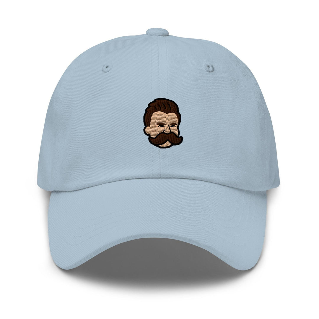 a light blue hat with a picture of a man with a beard