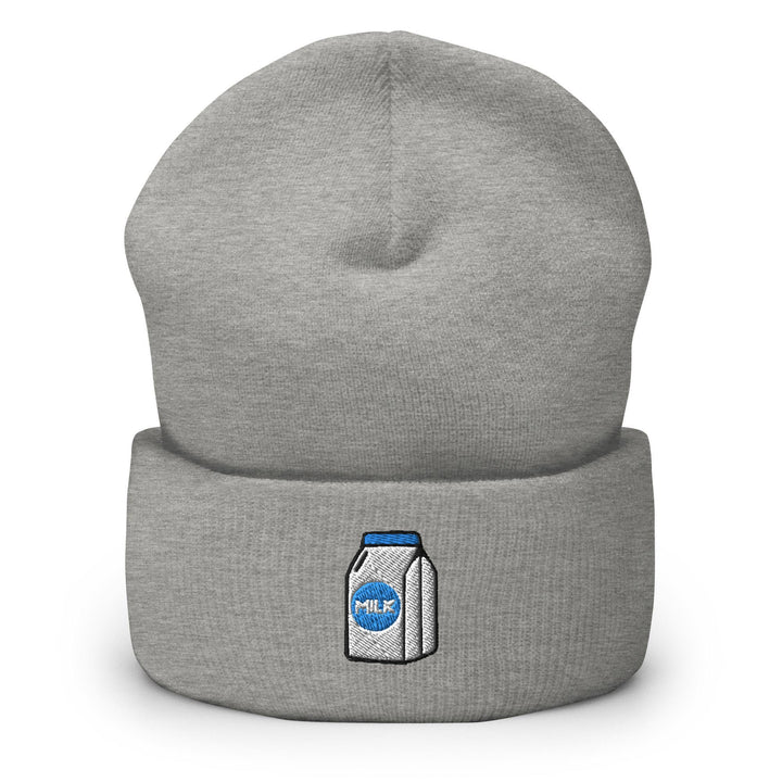 a gray beanie with a blue and white logo on it