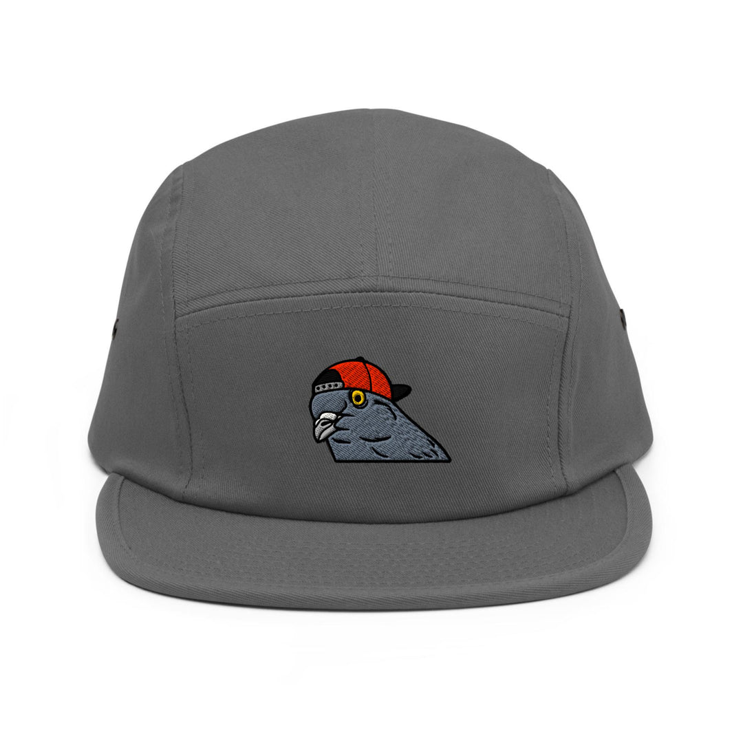 a grey hat with a parrot embroidered on it