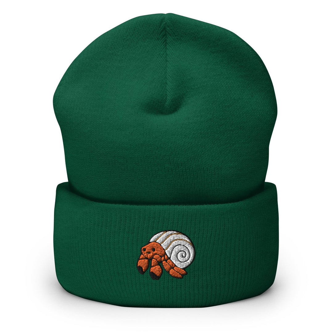 a green beanie with a picture of a snail on it