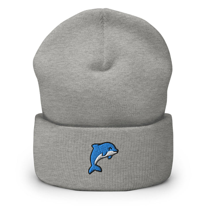 a gray beanie with a dolphin on it