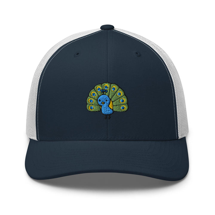 a blue and white trucker hat with a cartoon peacock on it