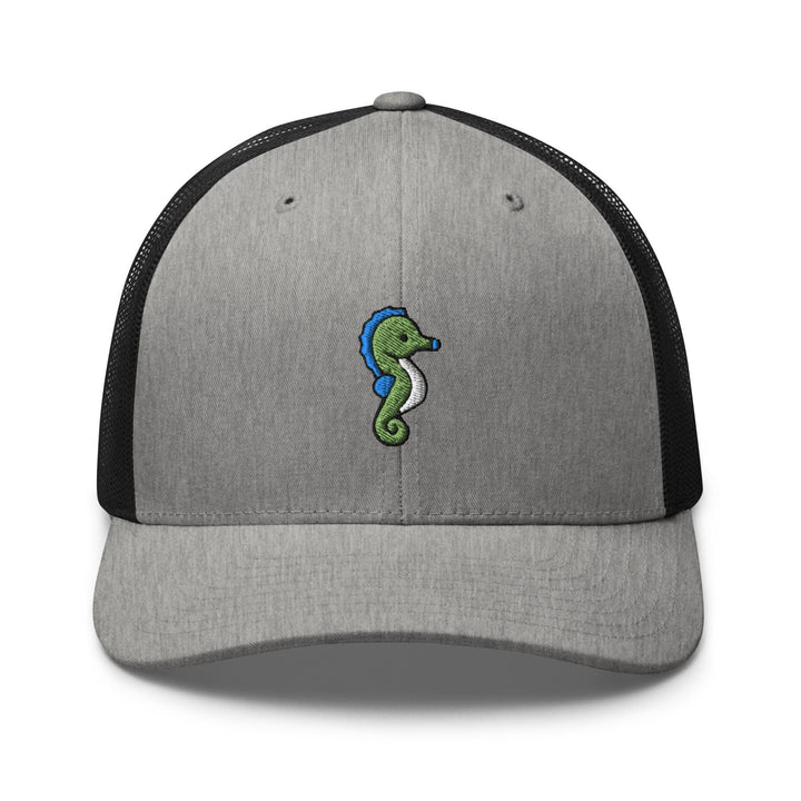 a gray and black hat with a green seahorse embroidered on it