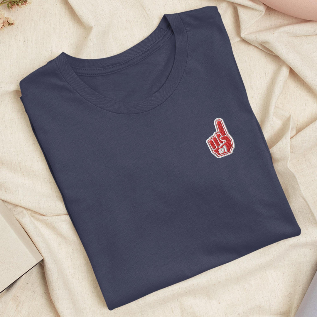 a blue t - shirt with a red peace sign on it