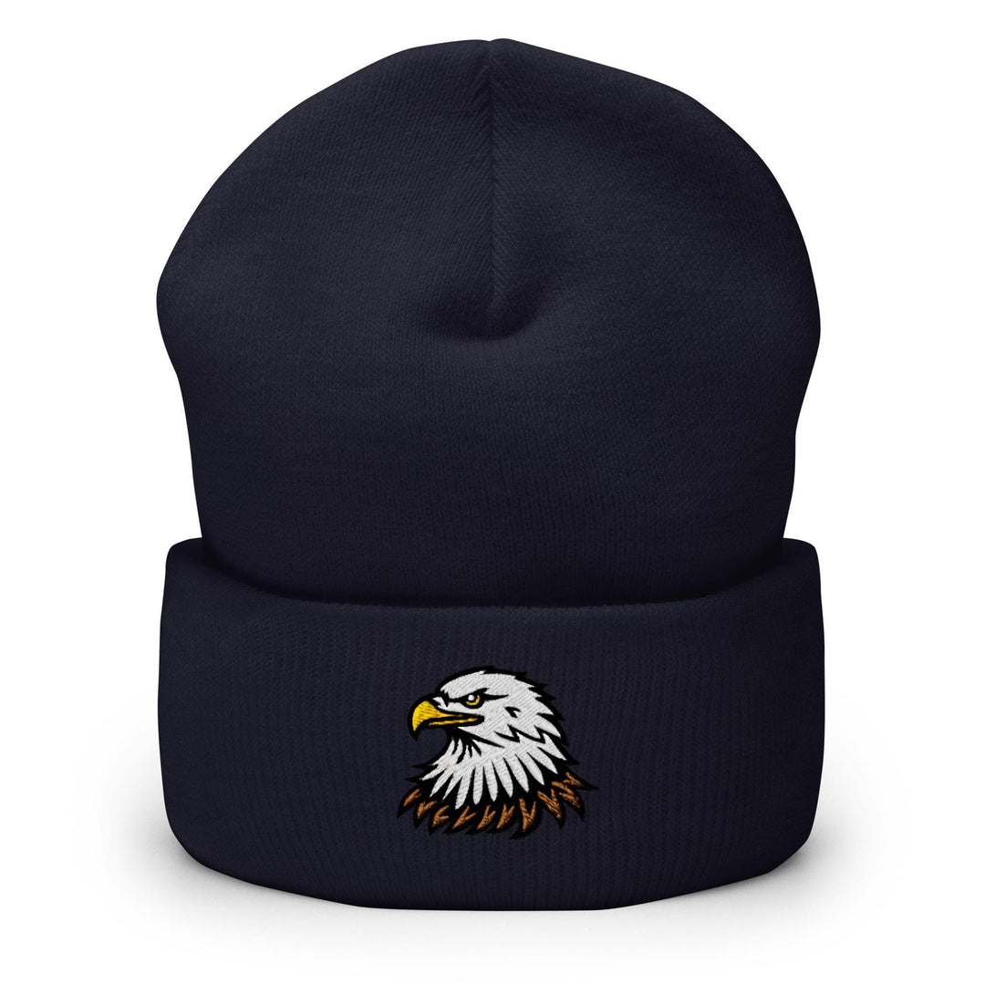 a black beanie with an eagle on it